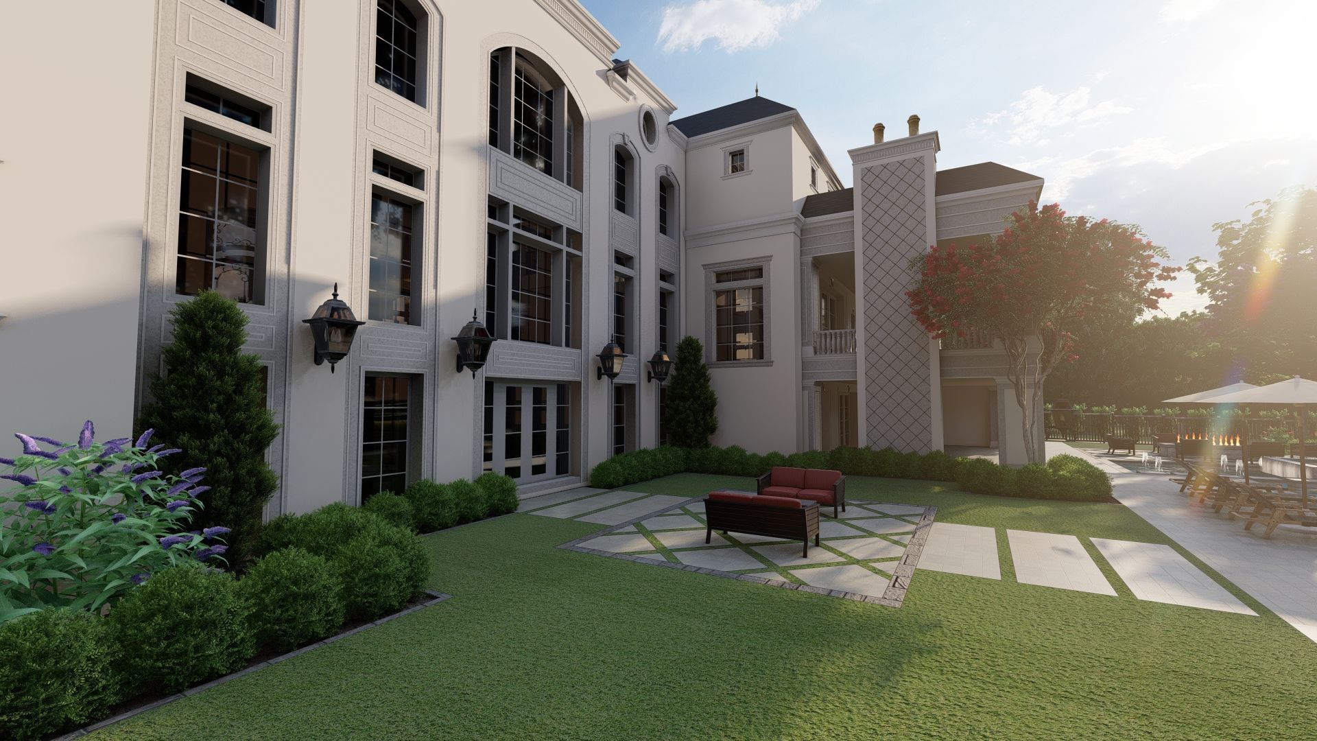 An artist 's impression of a large white building with a patio in front of it.