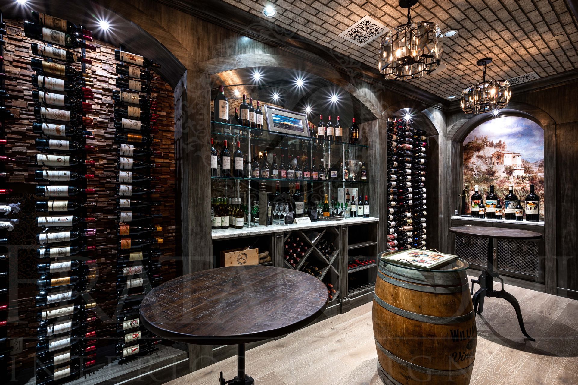 Custom french design wine cellar with dark wood racks, a central tasting barrel, stone walls, and rustic ambient lighting.