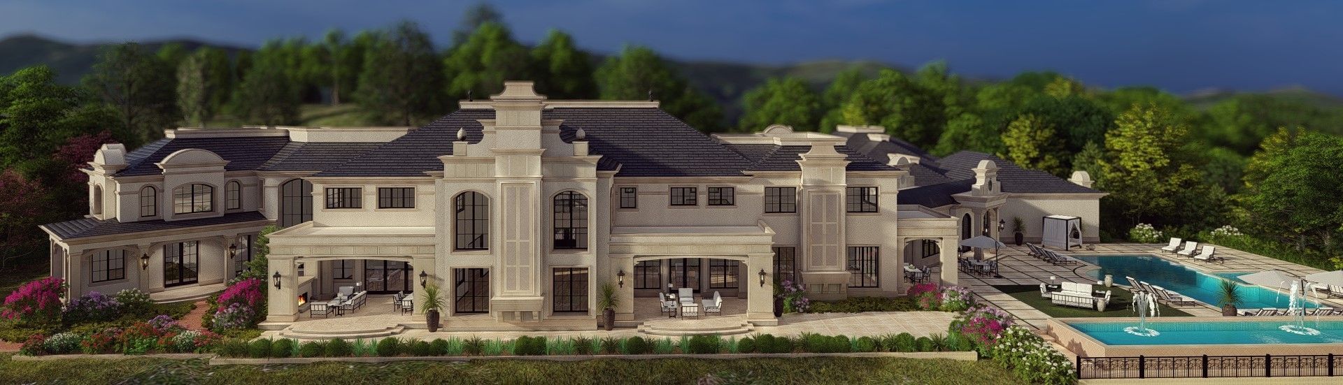 A large house with a swimming pool in front of it