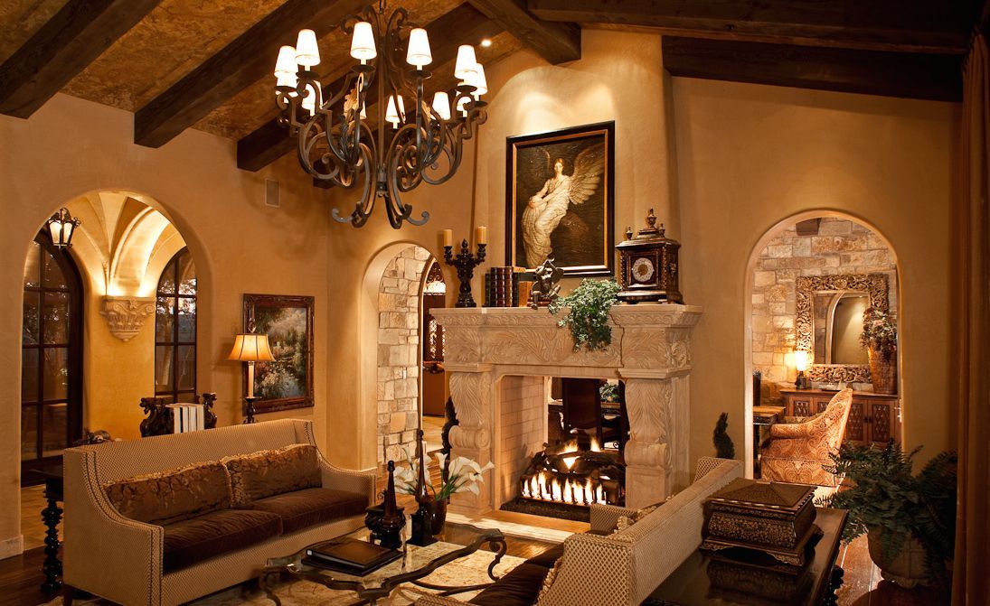 A living room with a fireplace and a couch