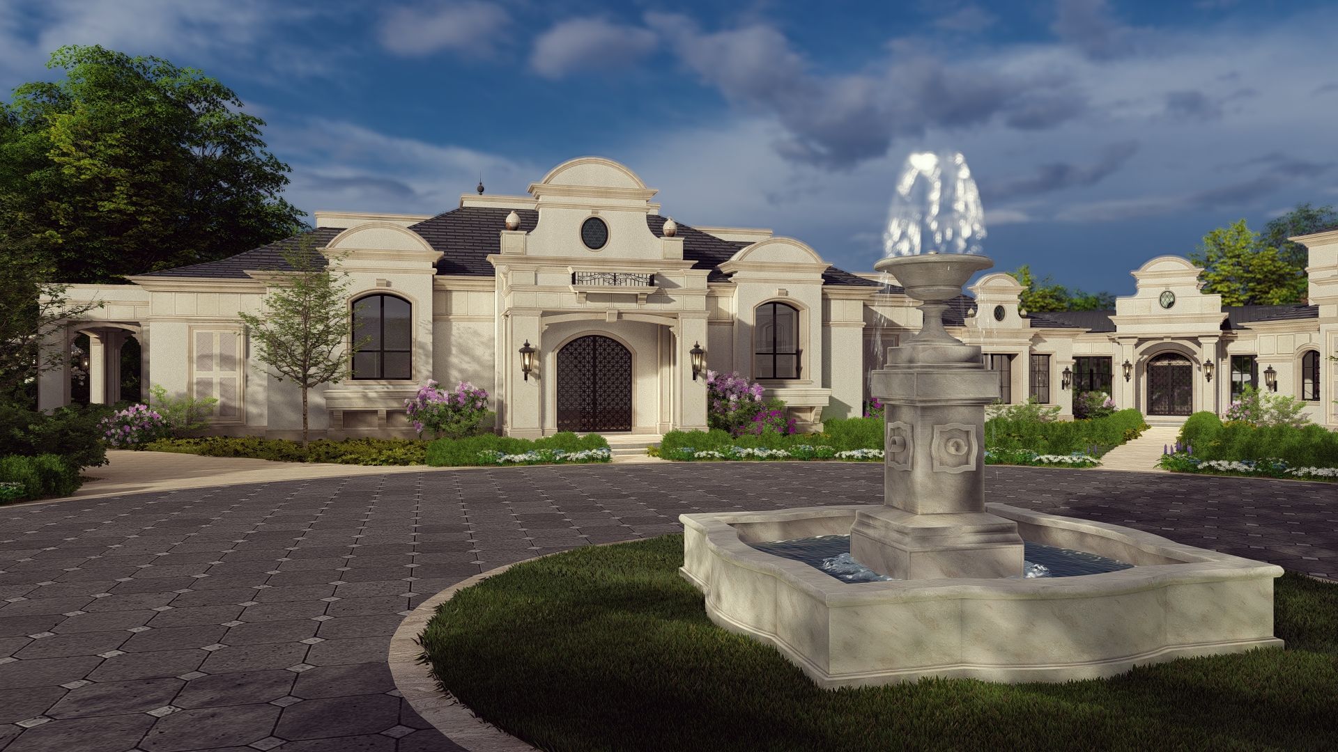 A large house with a fountain in front of it