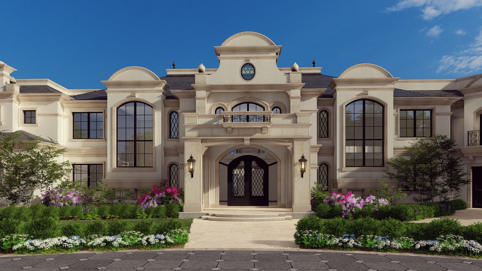 A large house with a lot of windows and flowers in front of it.