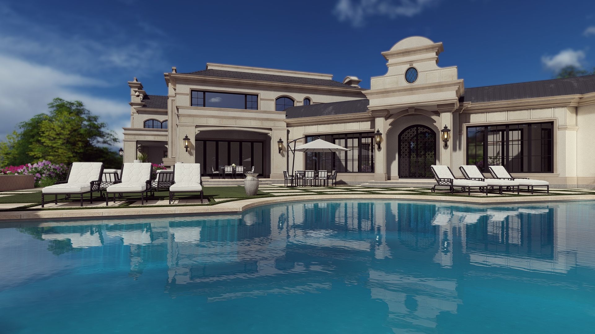 A large house with a swimming pool in front of it.
