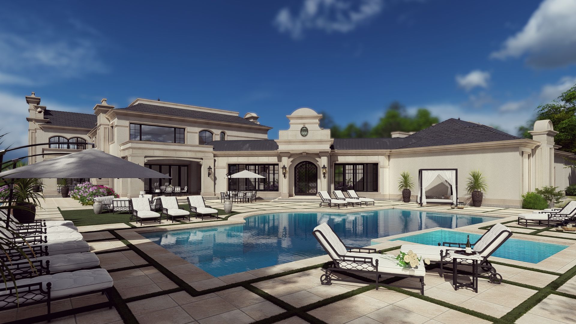 A large house with a large swimming pool in front of it.