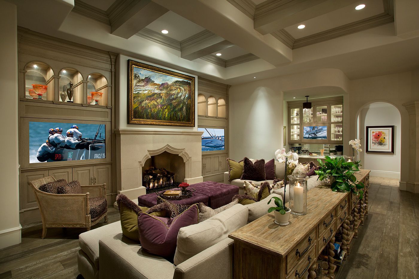 luxury living room with fireplace and custom artwork