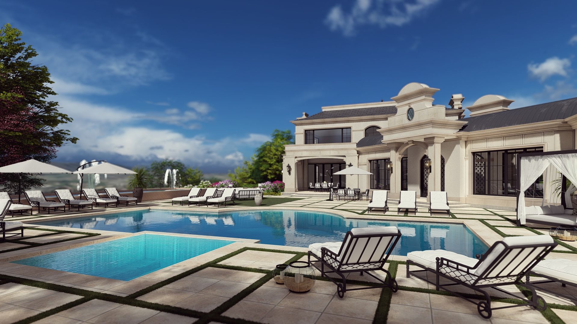 A large house with a large swimming pool in front of it.