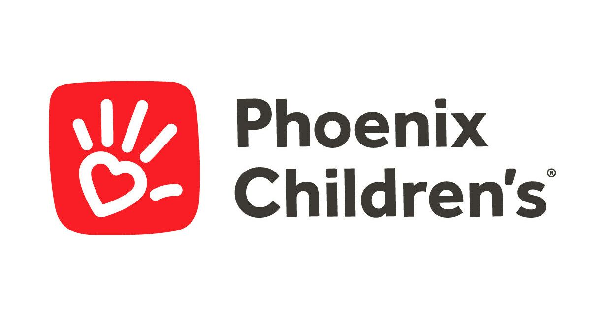 The logo for phoenix children 's is a red square with a heart in the middle.