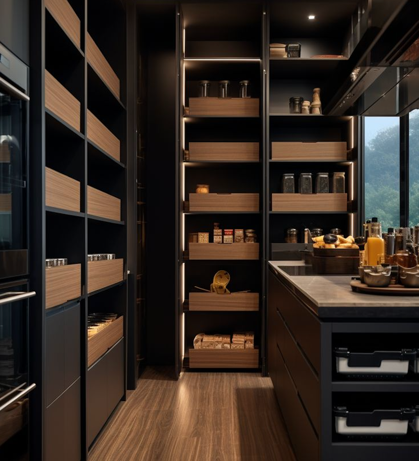 modern walk in pantry with black and brown wood