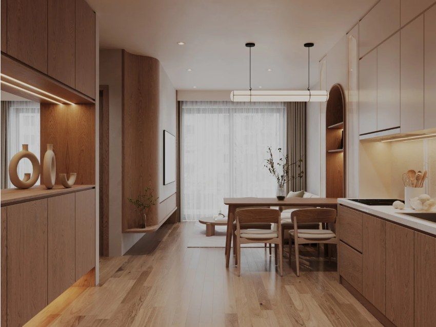 Warm minimalist living and dining space