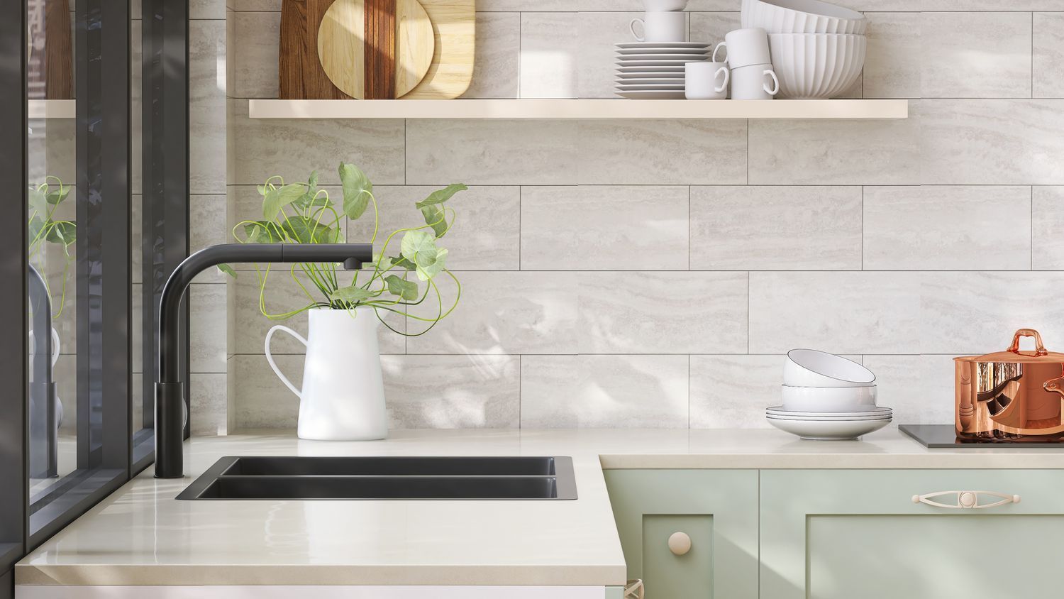 A kitchen with a sink , stove , shelves and a window.