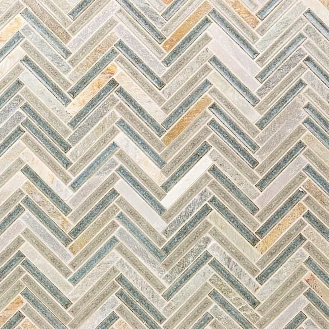 Roman Crystal Springs herringbone marble and glass tile