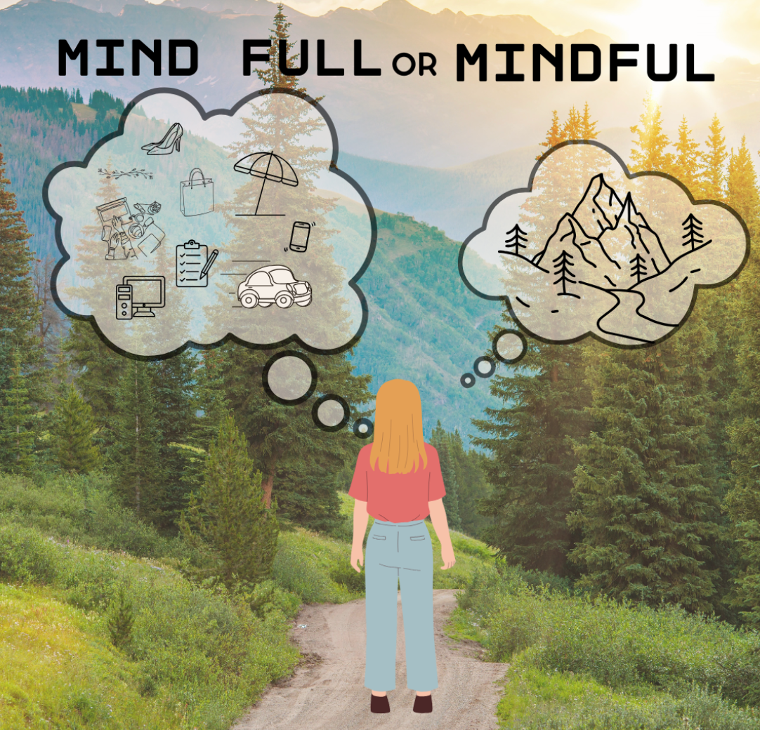 Eine Frau auf dem Weg sinniert. Die eine Wolke birgt Ablenkungen, die andere Berge.