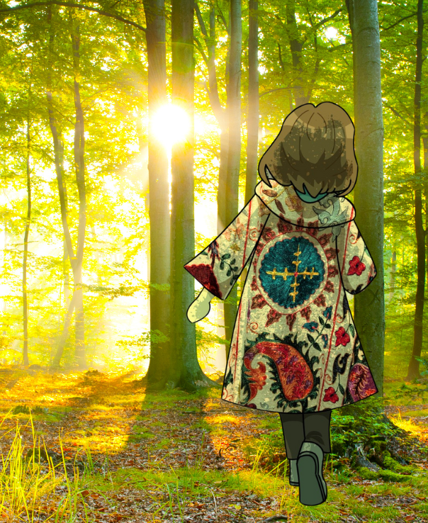 Eine Person, die in einem gemusterten Mantel einen sonnigen Wald betritt.