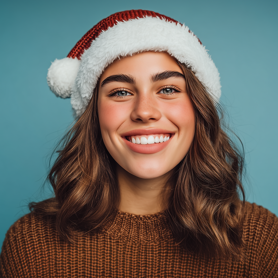 Woman wearing a Santa hat and brown sweater smiles against a blue background.