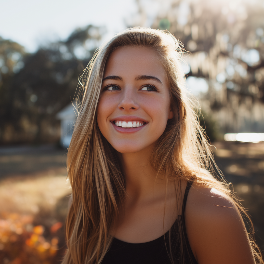A smiling person with long blonde hair outdoors in soft, golden sunlight.