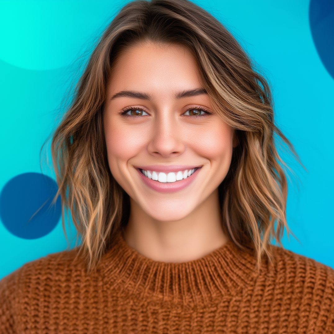 Woman with brown hair and sweater smiles at the camera against a blue background.