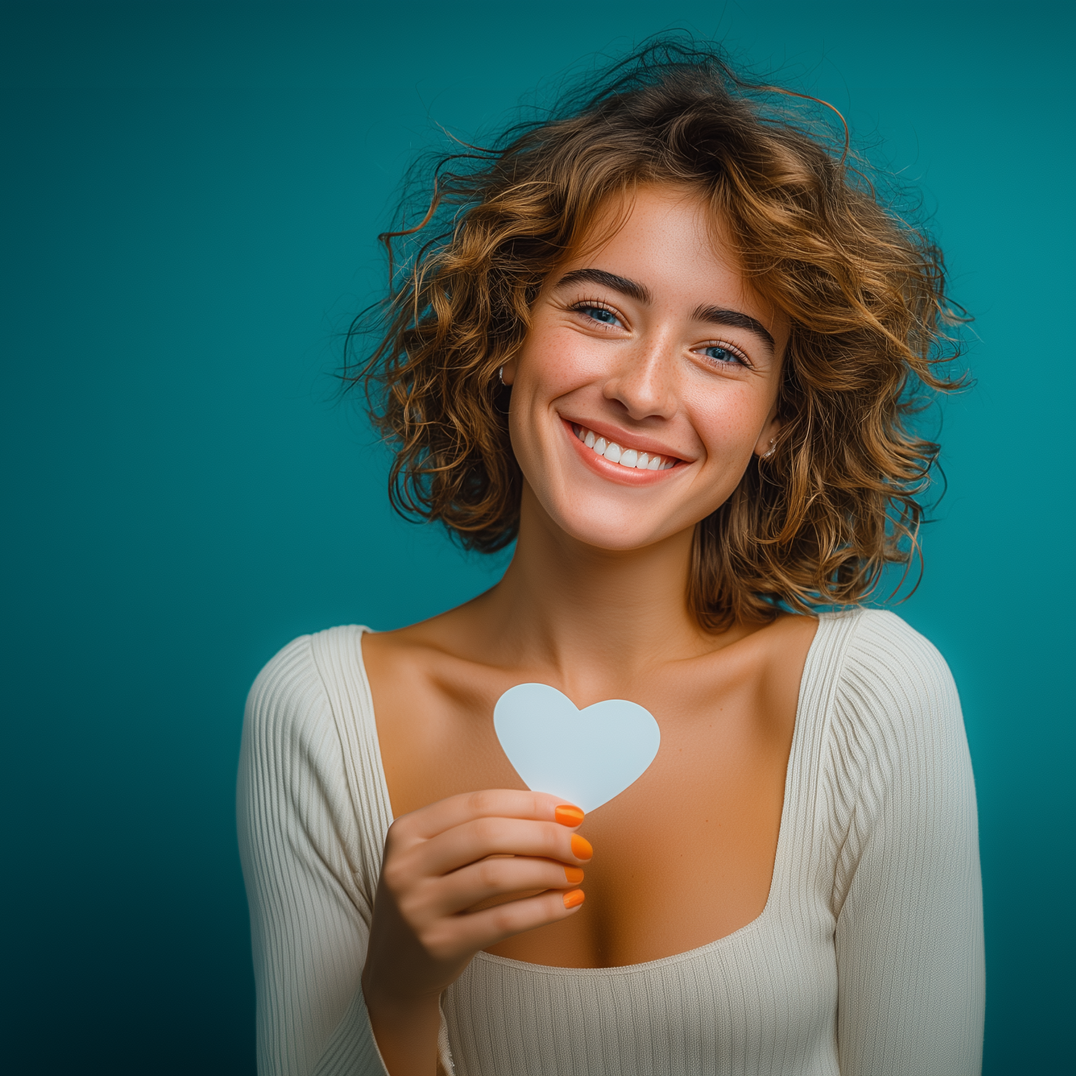 Woman with curly brown hair smiling, holding a white heart, teal background.