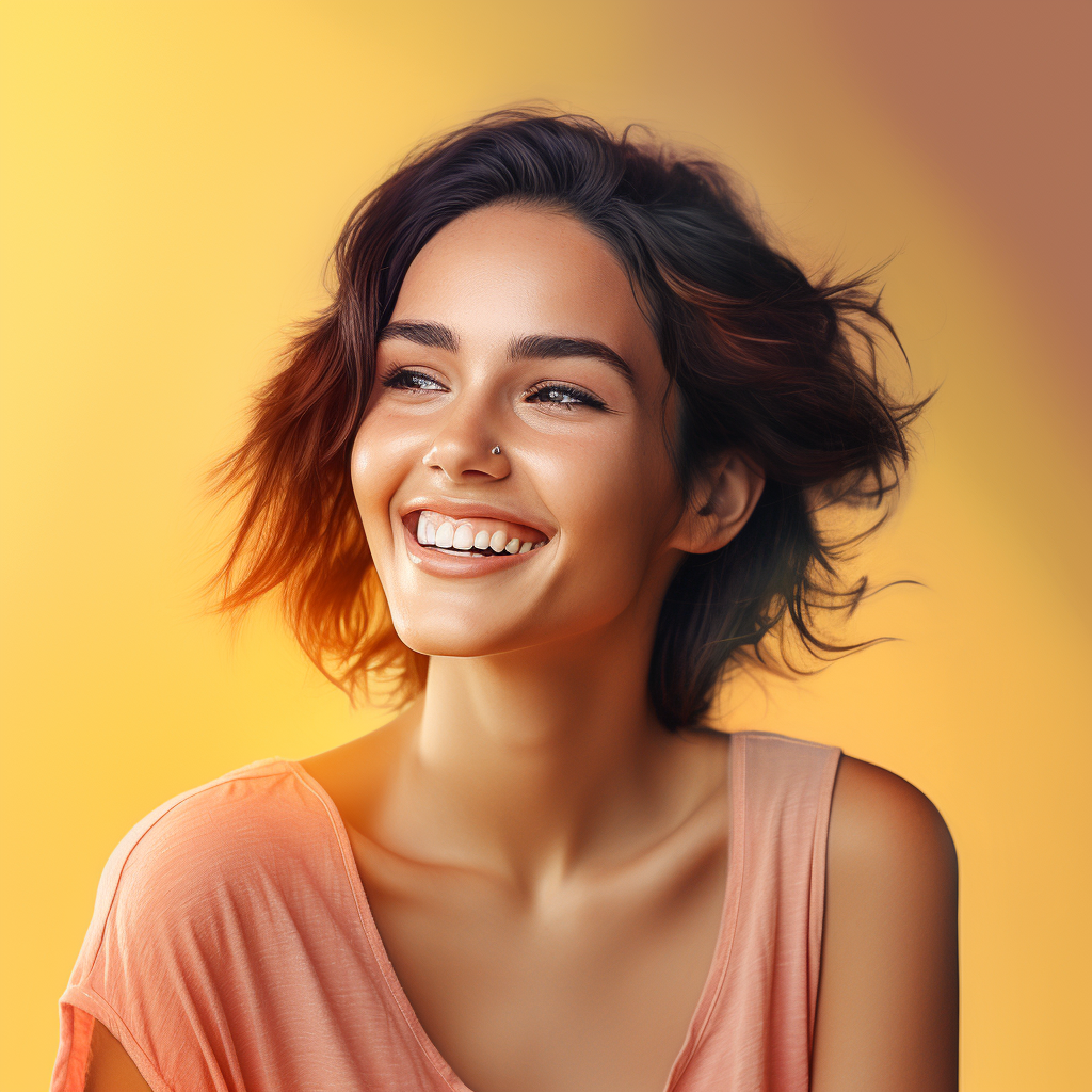 a woman with a nose ring is smiling against a yellow background .