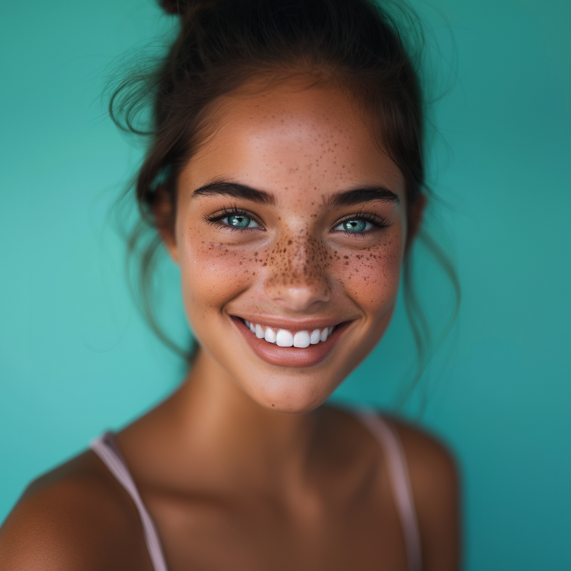 A woman with freckles on her face is smiling for the camera.
