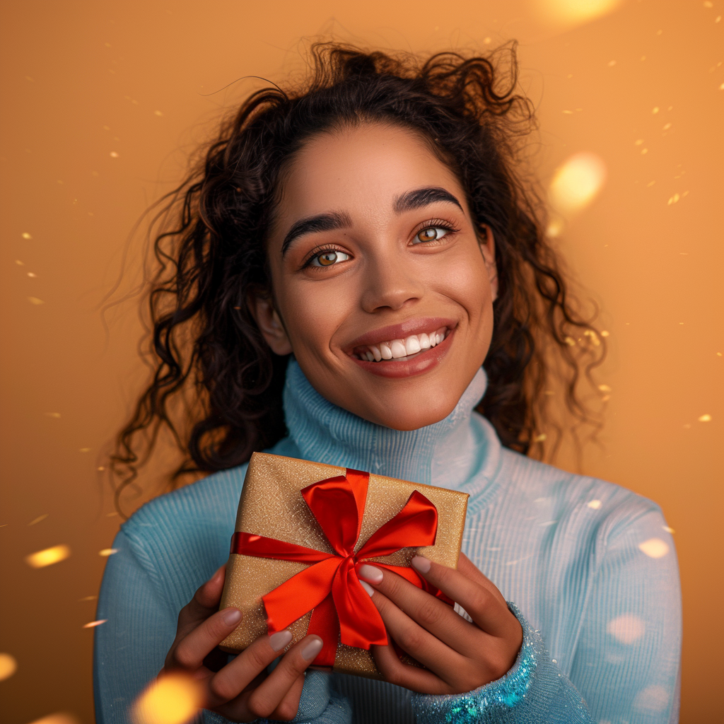 A woman is smiling while holding a gift box with a red bow.