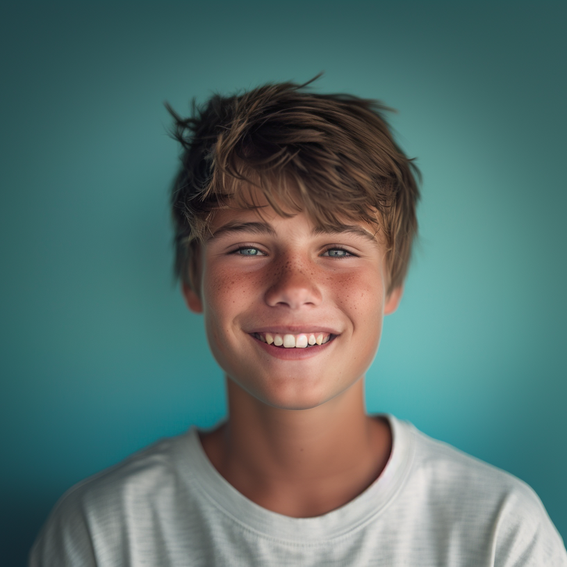 A young boy wearing a white t-shirt is smiling for the camera.