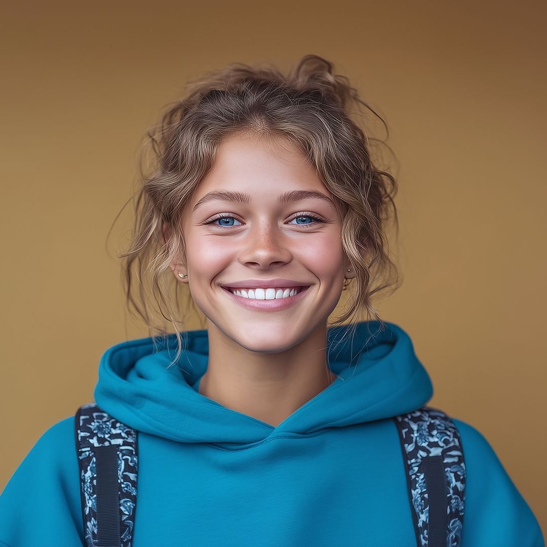 Smiling young woman with curly hair in a teal hoodie and backpack, against a neutral background.