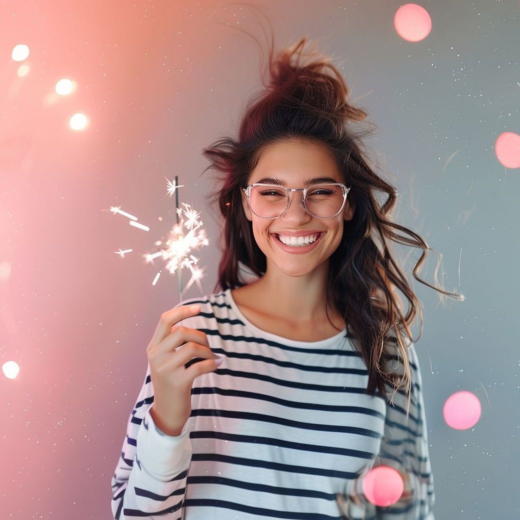 A woman in a striped shirt is holding a sparkler and smiling.