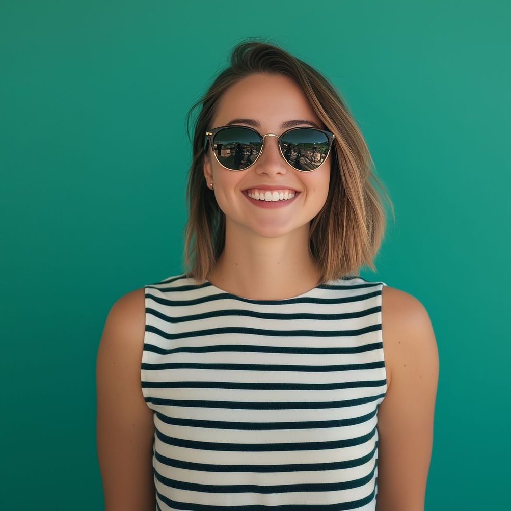 A woman wearing sunglasses and a striped shirt is smiling.