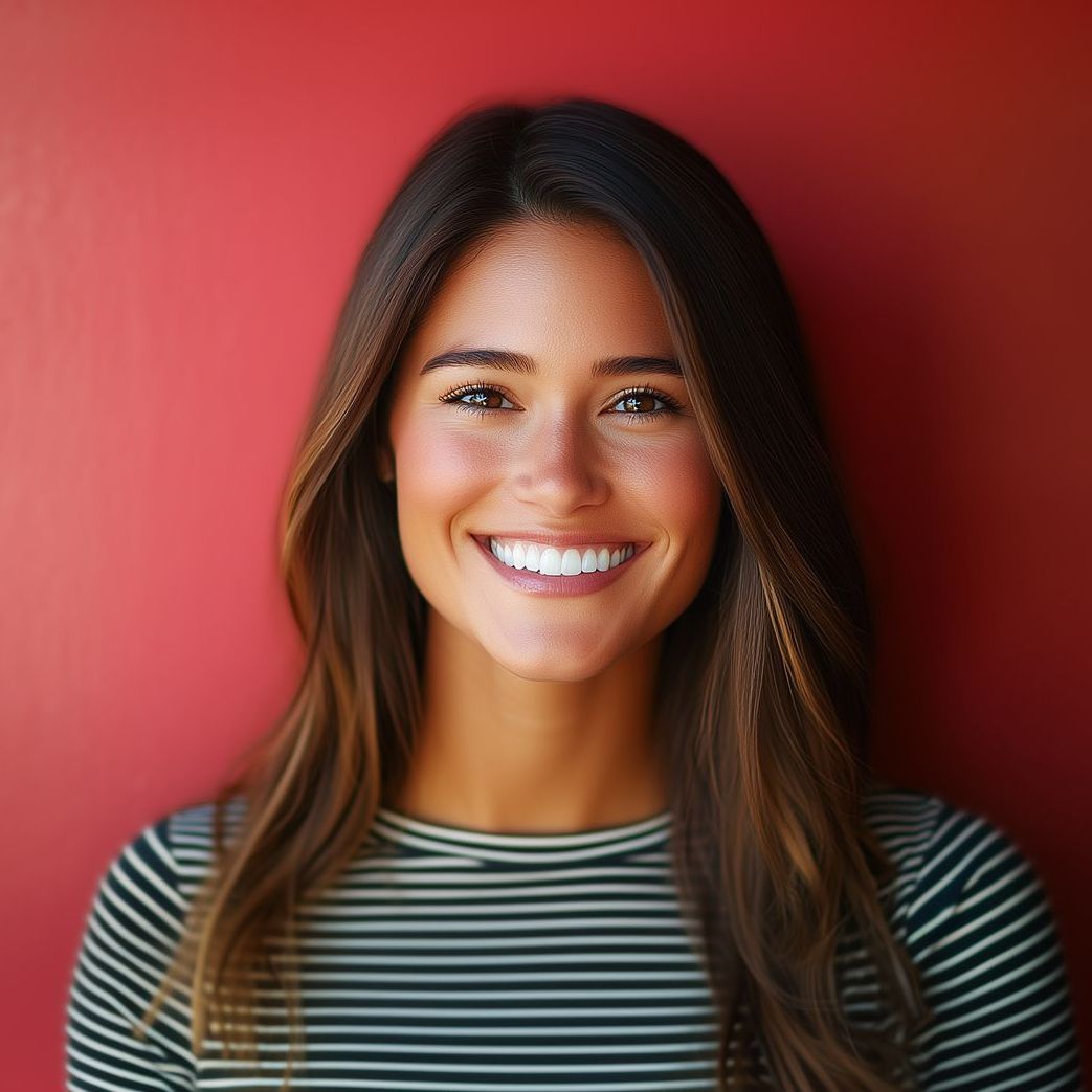 A woman in a striped shirt is smiling in front of a red wall.