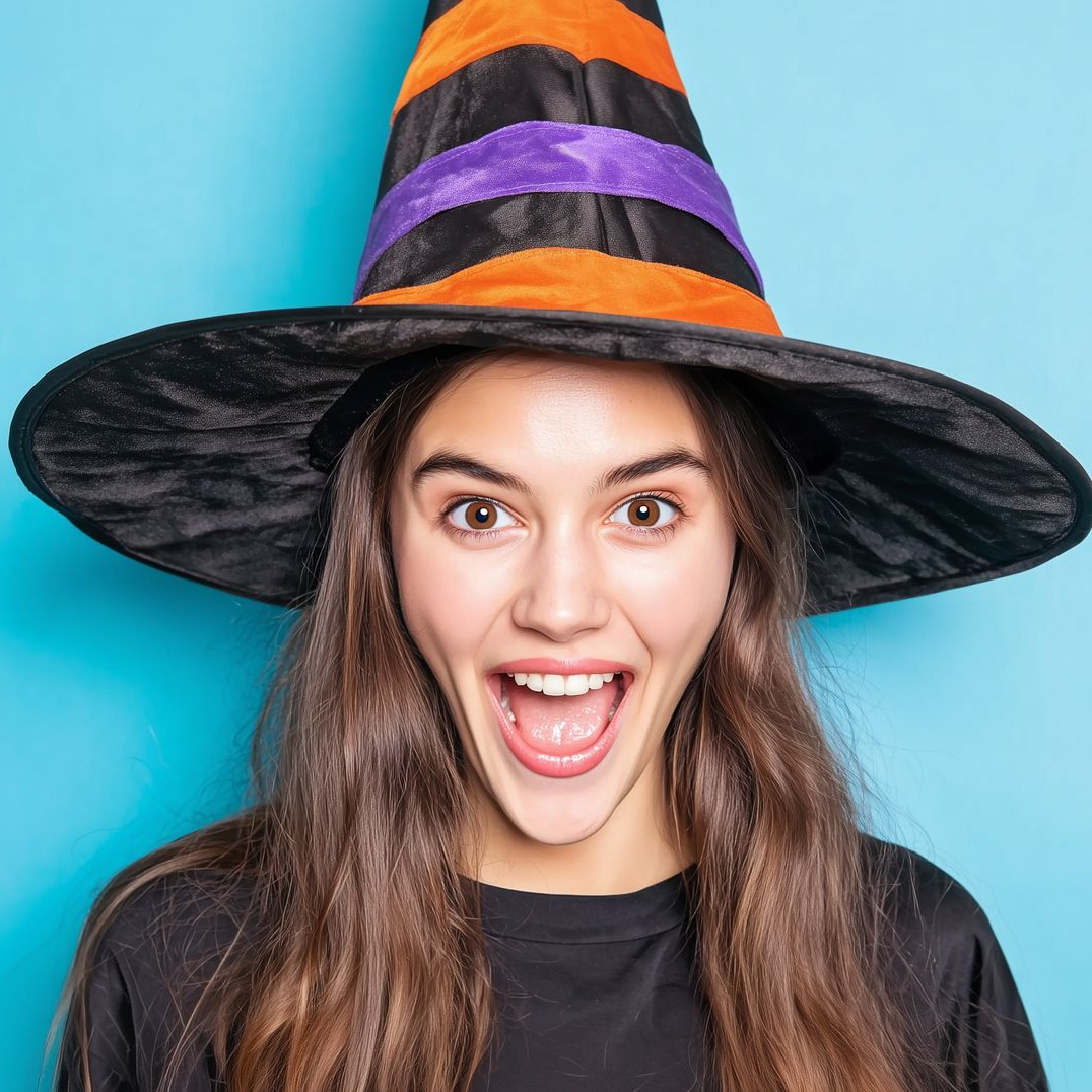 Woman in a witch hat with an open mouth, excited expression, against a light blue background.