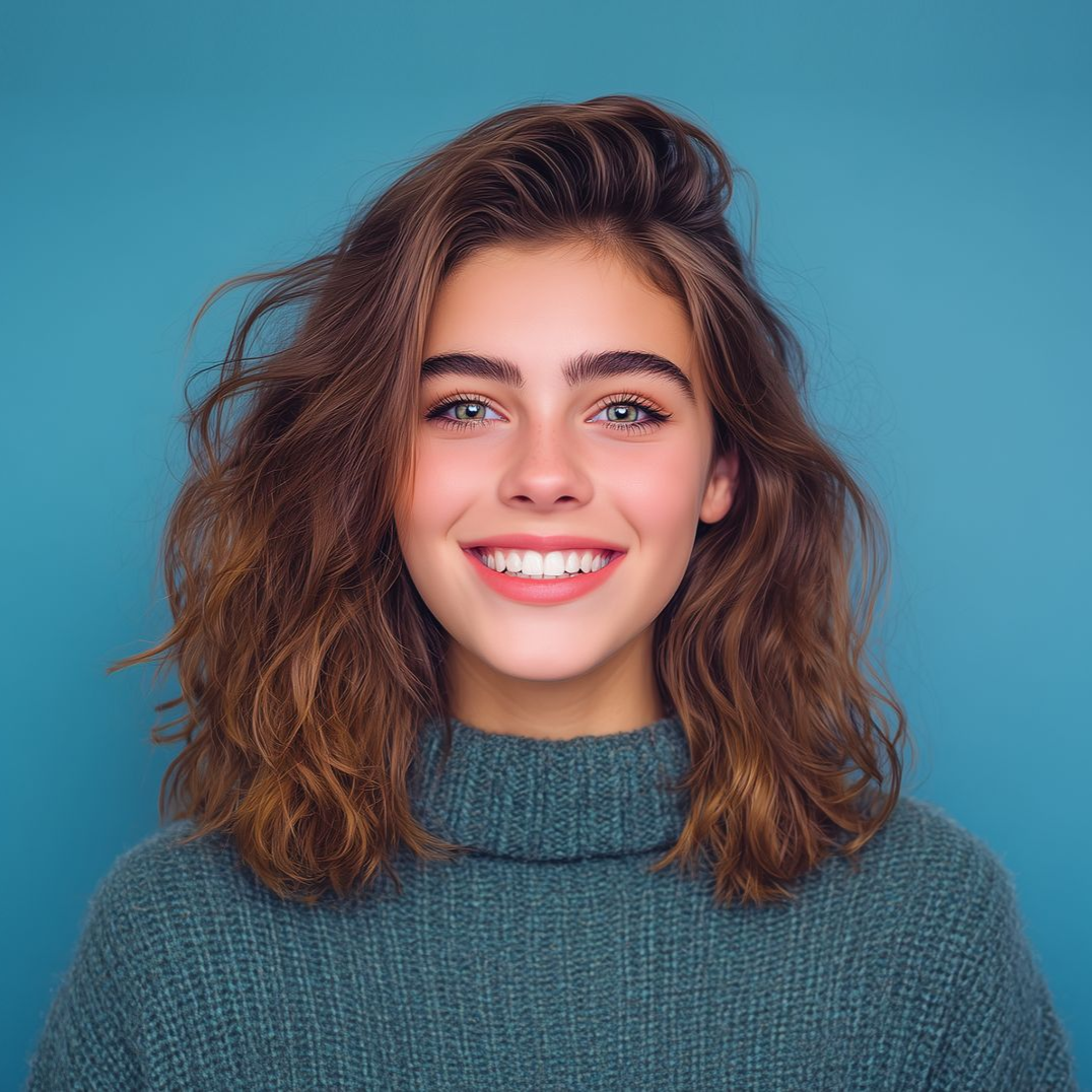 Young woman with brown wavy hair, smiling broadly, wearing a teal sweater, against a blue background.