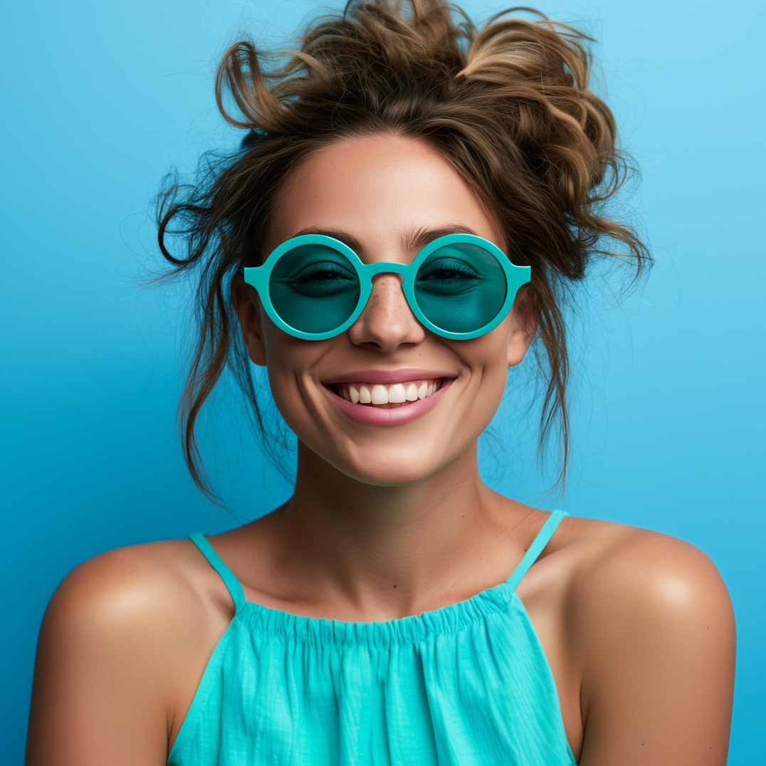Smiling woman in teal sunglasses and sleeveless top against a bright blue background