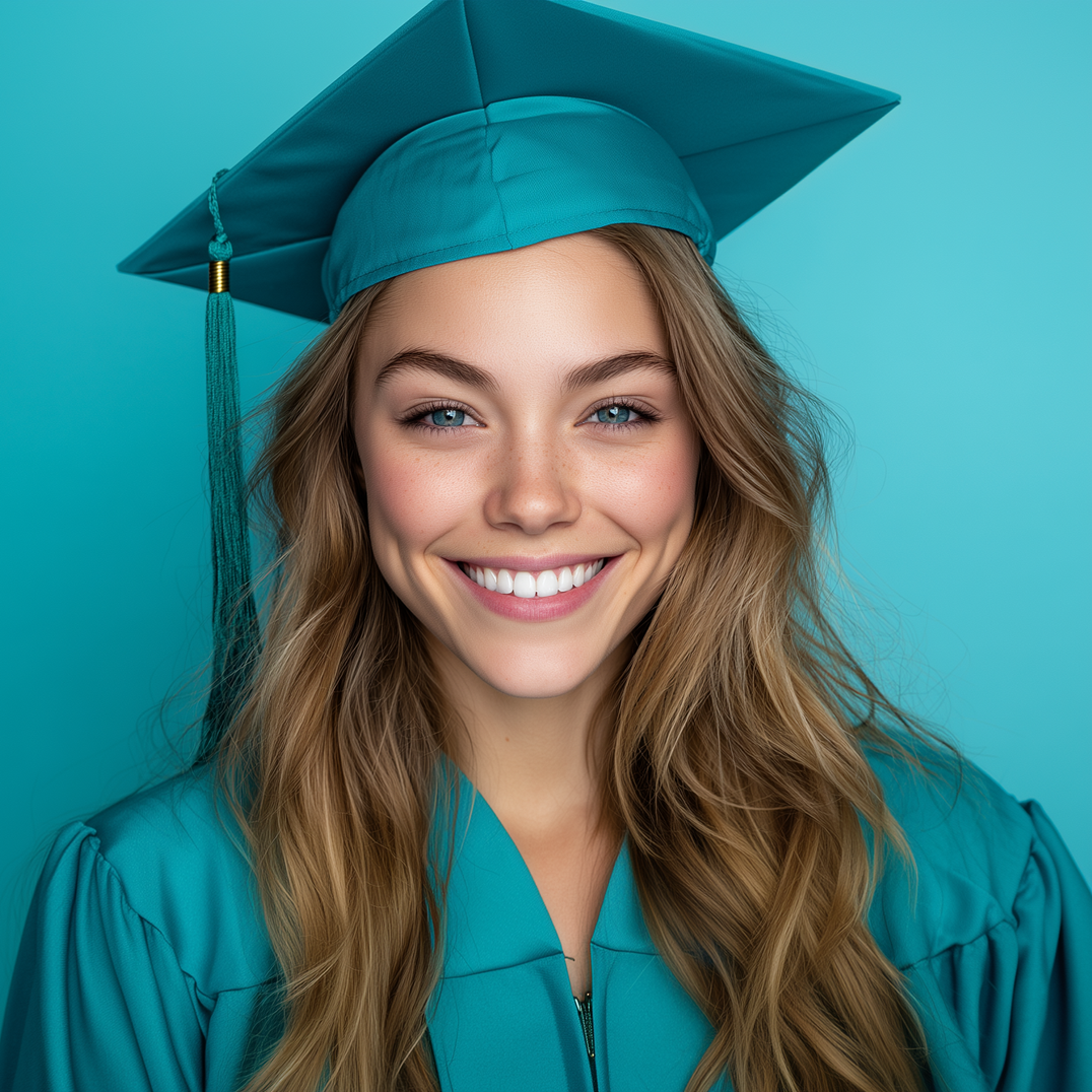 Smiling graduate in teal cap and gown against a turquoise background