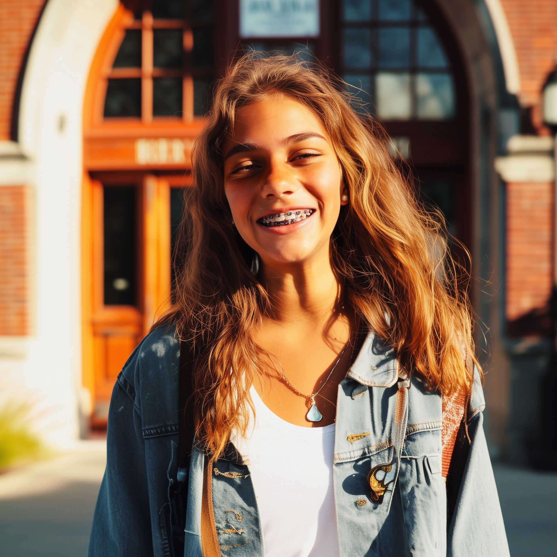 Teen girl with braces smiles in front of a brick building, wearing a denim jacket and white shirt.