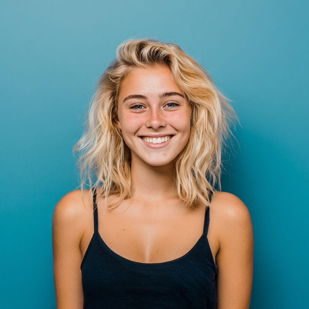 Woman looking at her new smile in the mirror