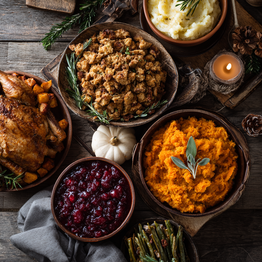 Thanksgiving feast with turkey, stuffing, mashed potatoes, sweet potatoes, cranberry sauce, and green beans.