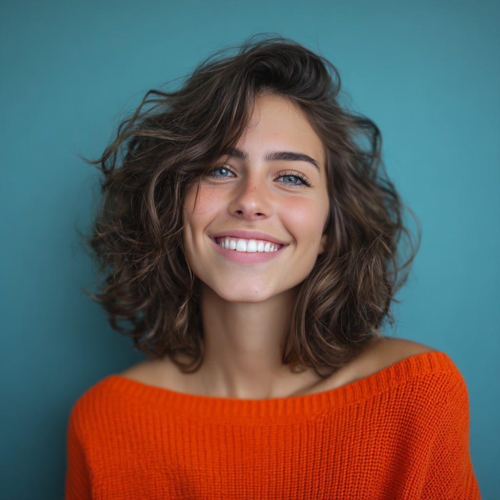 Woman looking at her new smile in the mirror