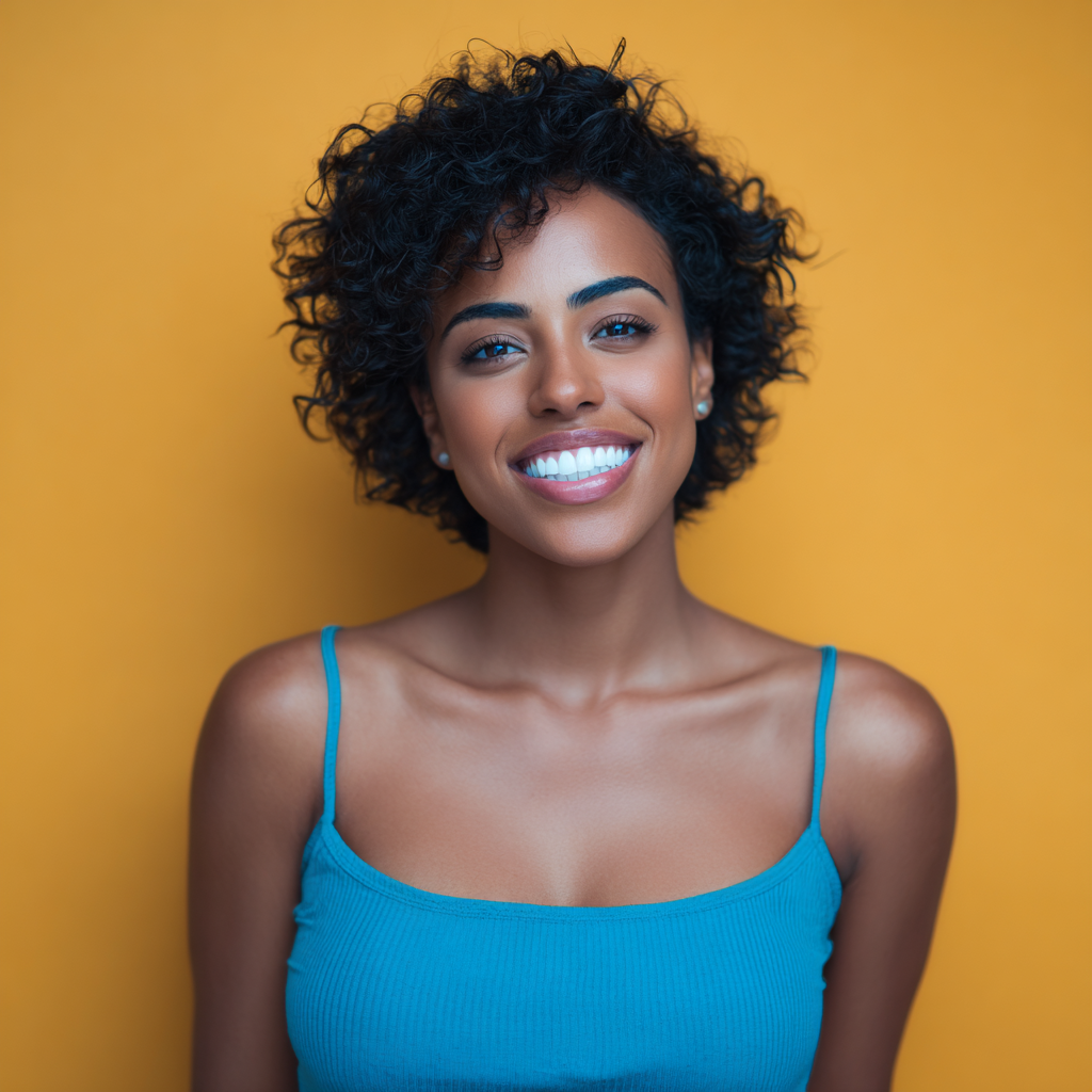 Woman looking at her new smile in the mirror