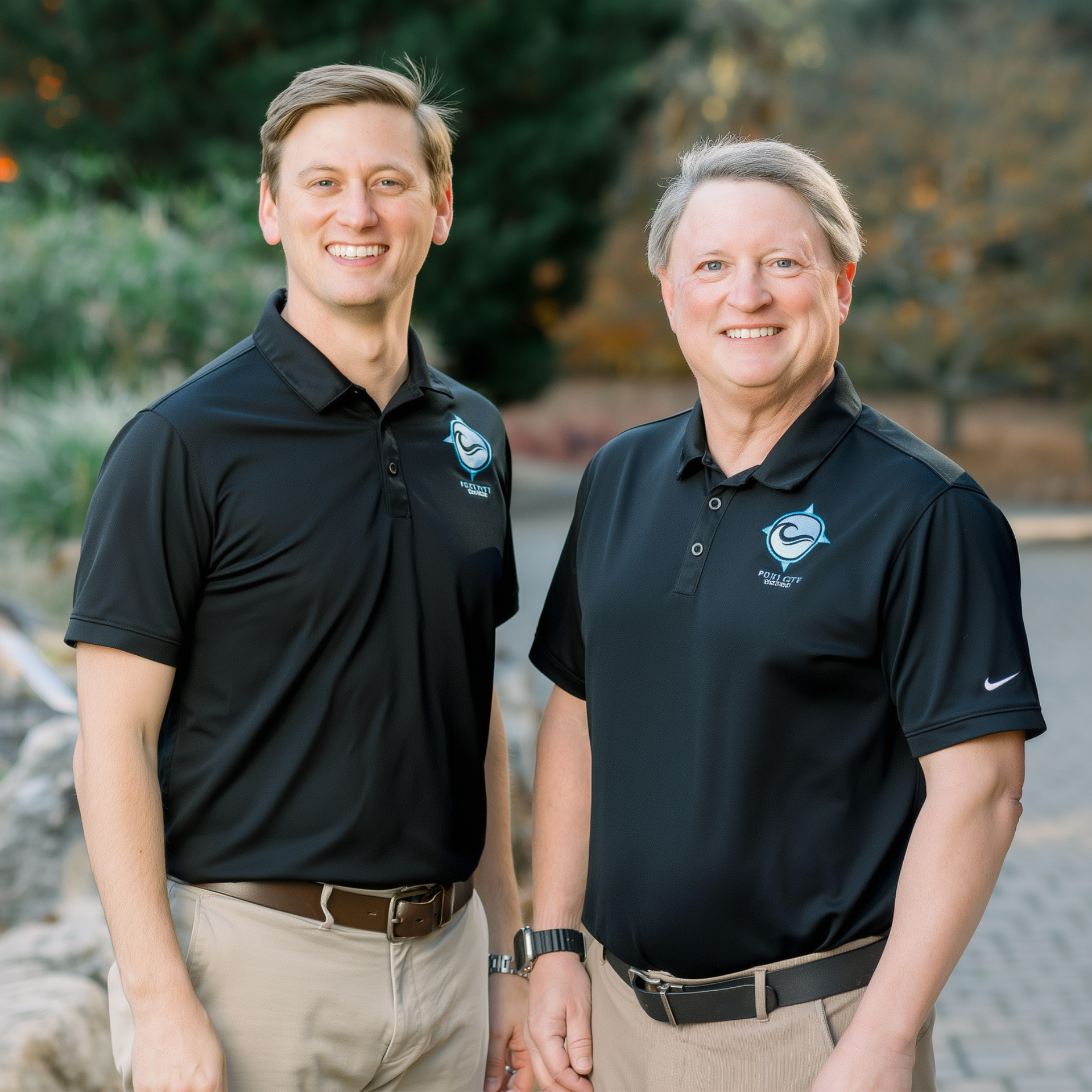 Two men in black polo shirts smile, posing outdoors; a logo is on the shirt.