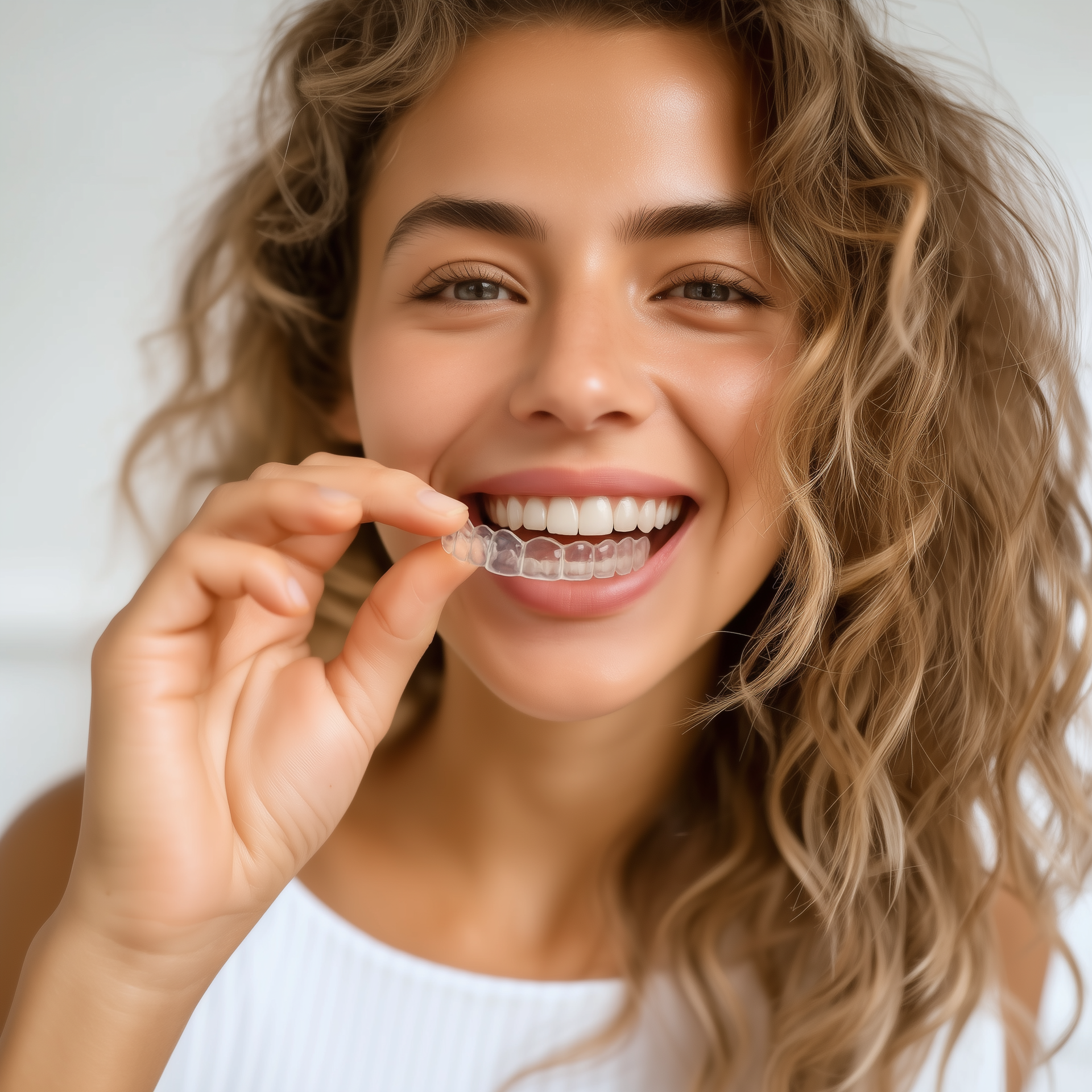 Woman smiling, inserting clear aligner into mouth, indoors.