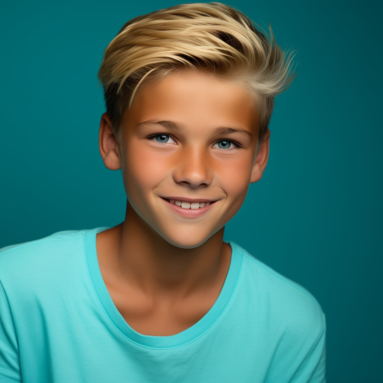 a young boy with blonde hair and a light blue shirt on, smiling in front of a teal background