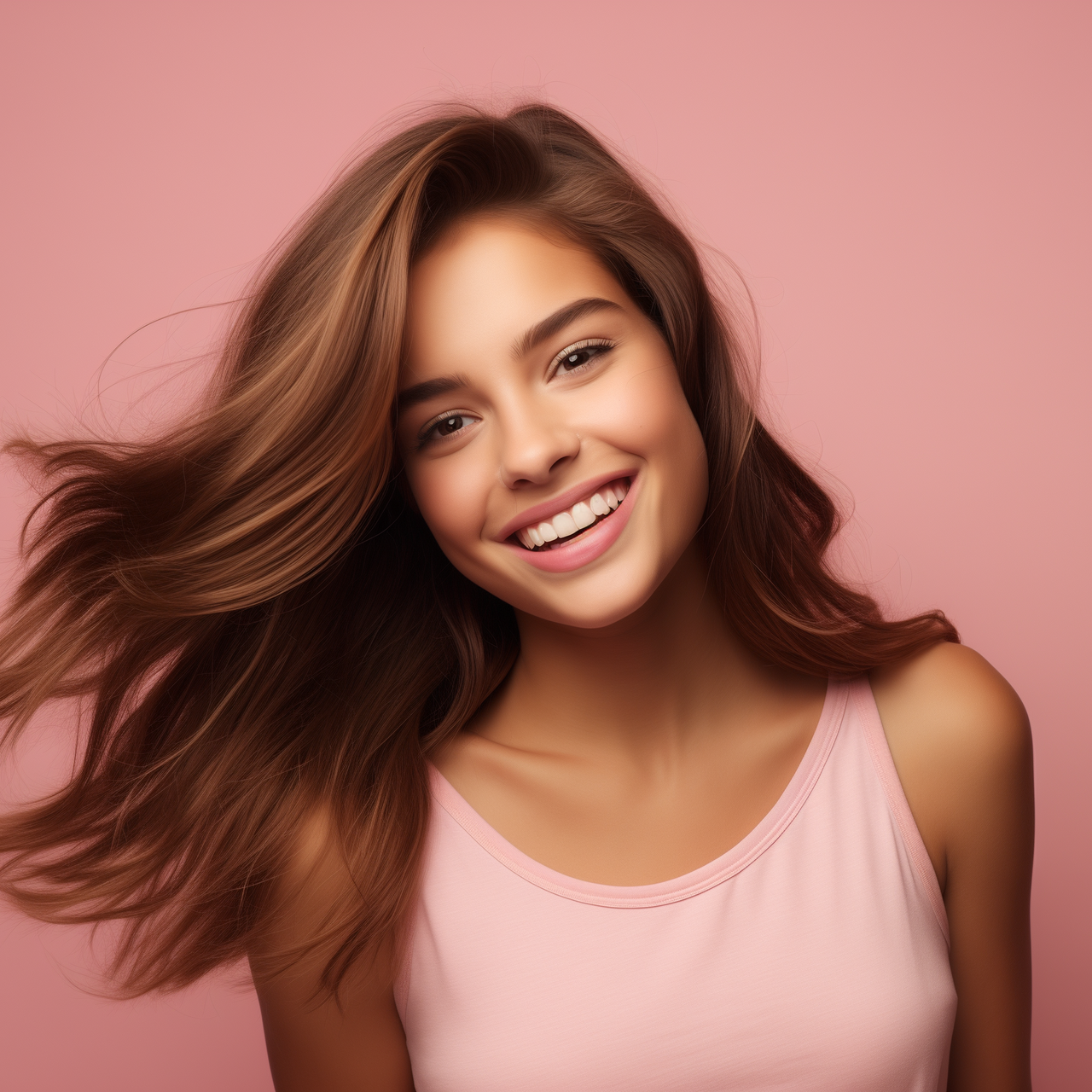 A teenage girl with a brown hair and pink shirt on, she is smiling in front of a pink background
