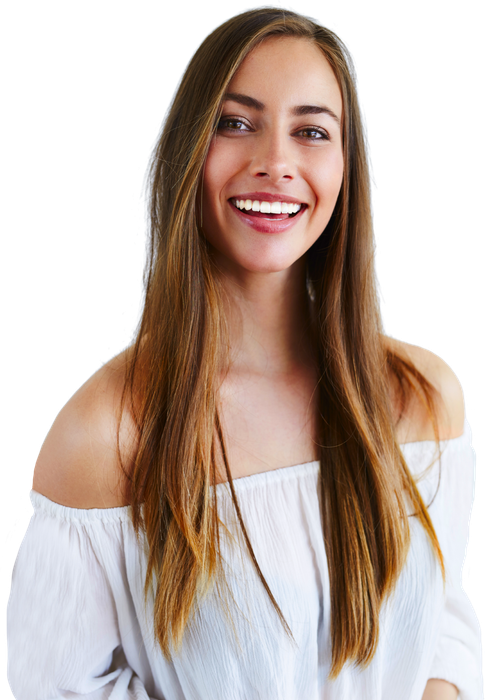 Woman with white top, smiling