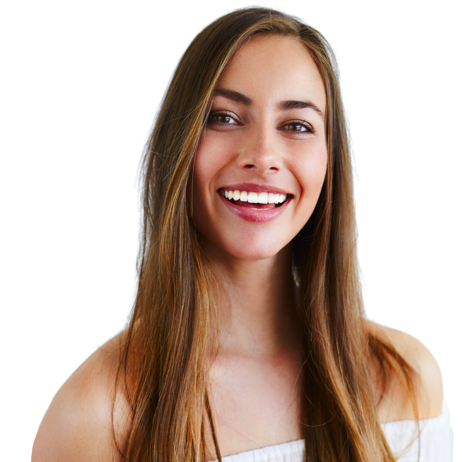 Woman with brown hair and a white top on, smiling
