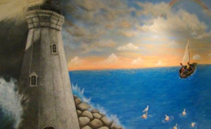 A painting of a lighthouse and a boat in the ocean.