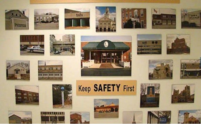 A wall of pictures with a sign that says keep safety first