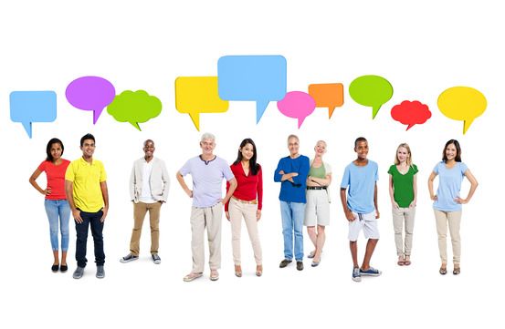 A group of people standing next to each other with speech bubbles above them