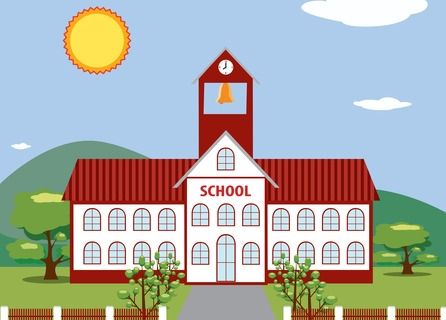 A cartoon illustration of a school building with a red roof and a bell tower.