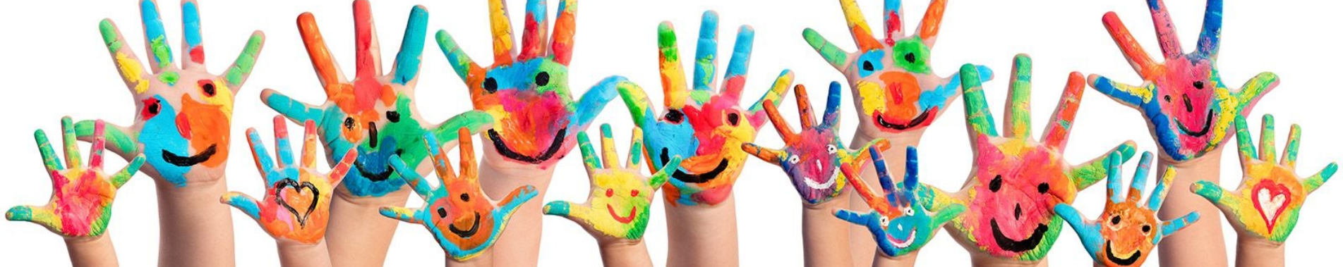 A group of children 's hands painted in different colors with smiley faces on them