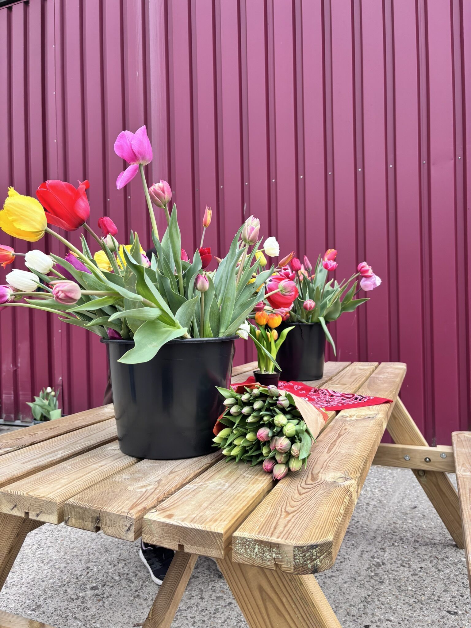 Een houten picknicktafel met daarop potplanten en een boeket bloemen.
